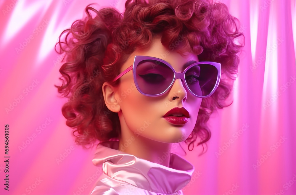 young glamorous woman wearing sunglasses behind pink light young woman young glamorous woman wearing sunglasses behind pink light young woman
