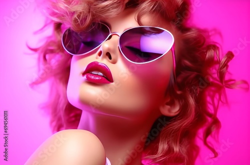 young glamorous woman wearing sunglasses behind pink light young woman