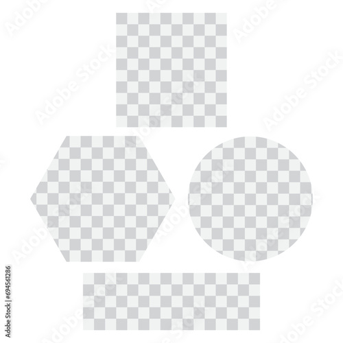 Transparent geometric shapes, checkered figures, isolated vector illustration.