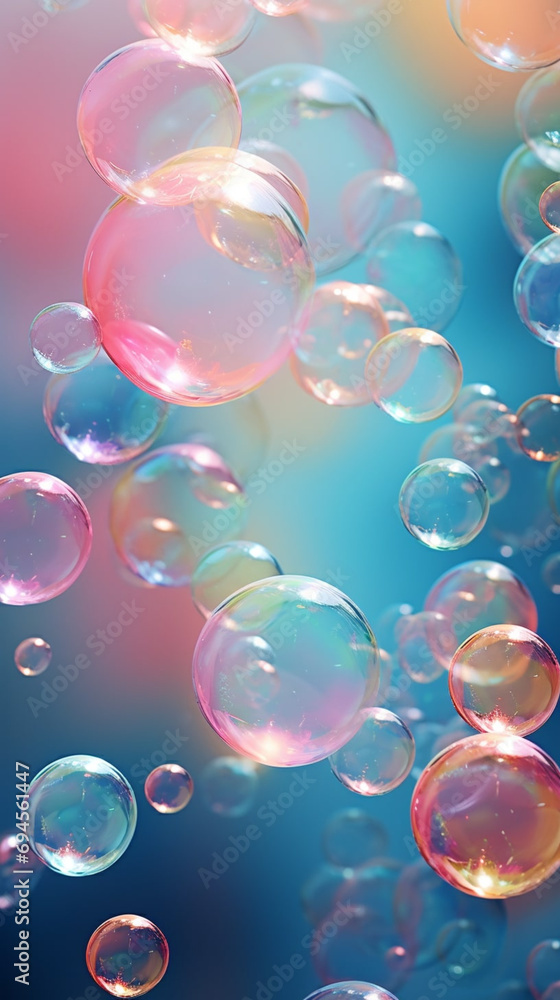 Isolated summer soap bubbles flying on multicolour gradient background, vertical. Generative AI