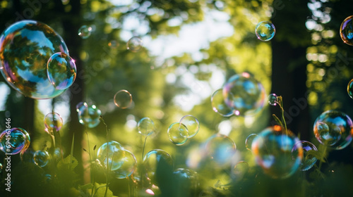 Flying soap bubbles in a park in a sunlight. Kids playing outdoors, blowing multicolour bubble. Generative Ai
