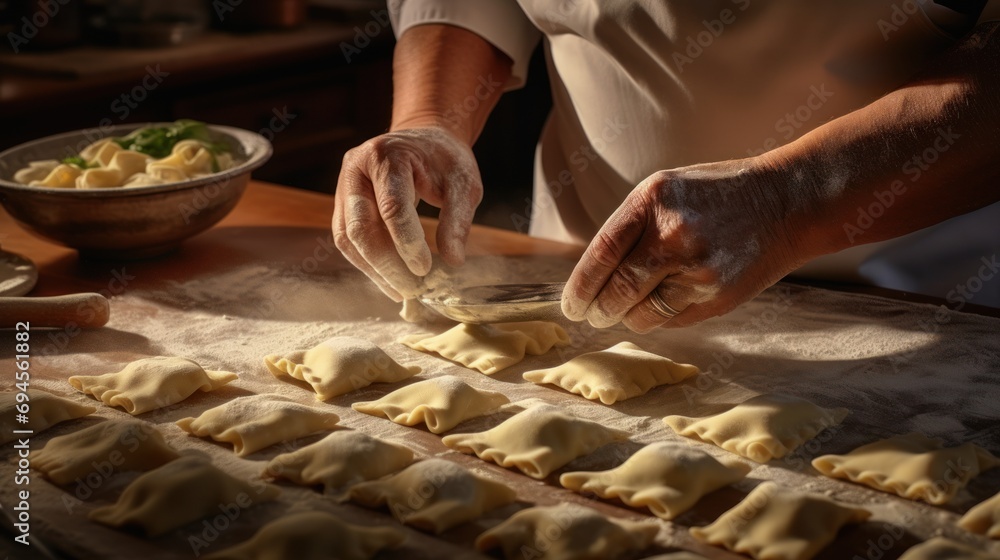 Close-up of hands dusted in flour meticulously crafting ravioli, capturing the culinary artistry of traditional homemade pasta. - obrazy, fototapety, plakaty 