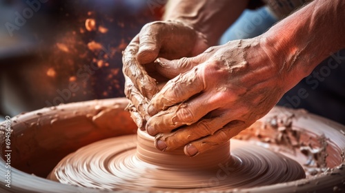Close-up of a potter's hands covered in clay forming a clay pot on a potter's wheel, highlighting the skill of the pottery. photo