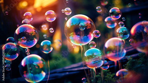 Beautiful floating soap bubbles on a natural abstract multicolor background, summer day playground. Generative AI photo