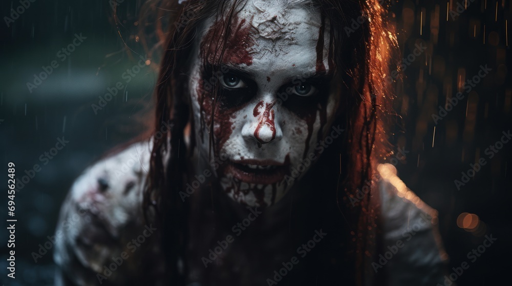 Emerge into the darkness: a terrifying close-up, capturing the essence of a zombie's face with a haunting and creepy atmosphere. Emerge into the darkness: a terrifying close-up, capturing the essence of a zombie's face with a haunting and creepy atmosphere.