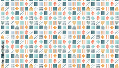 retro pop seamless geometric watercolor pattern, vector graphic resources