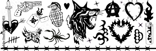 Y2k 2000s punk grunge set elements tattoo.Gangster, Doberman, anarchy. Old school tatto. Vector illustration