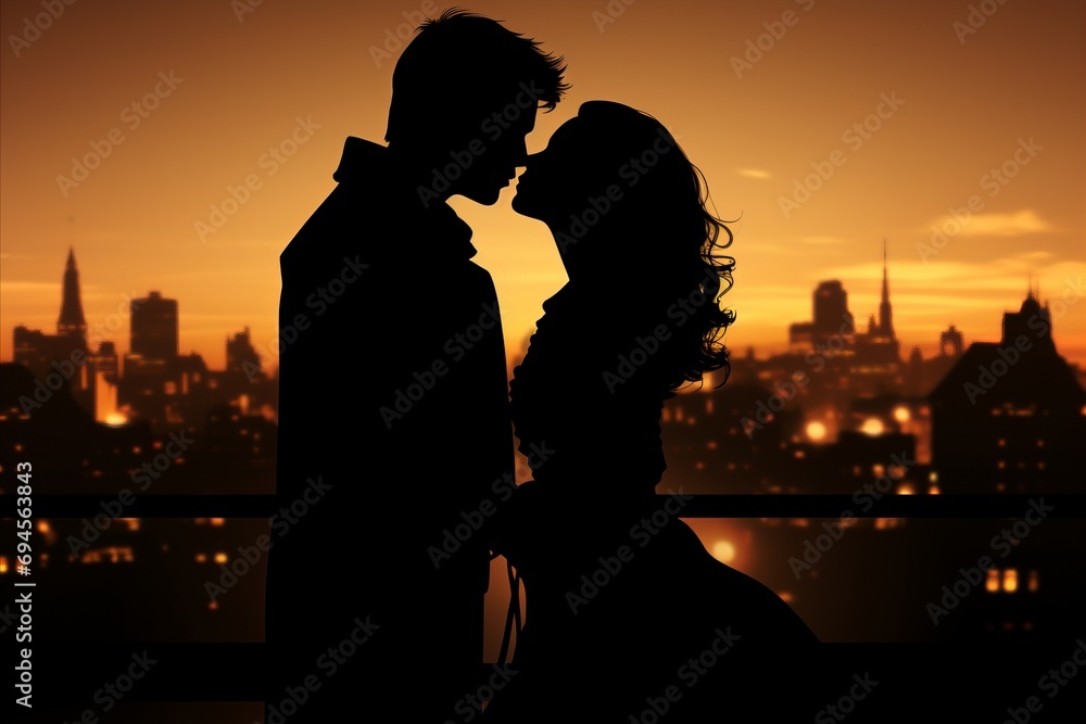 Romantic Silhouette. Couple Kissing in Vibrant Sunset in the city, Symbolizing Love and Affection
