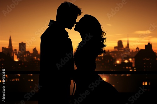 Romantic Silhouette. Couple Kissing in Vibrant Sunset in the city, Symbolizing Love and Affection