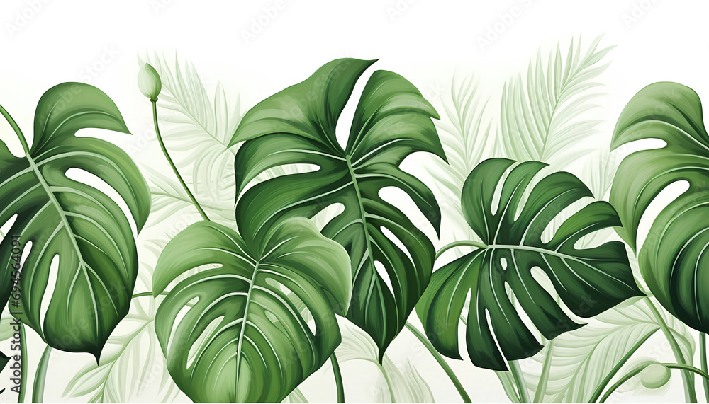 Monstera Leaves on a White Background. Realistic Painted Still Lifes.