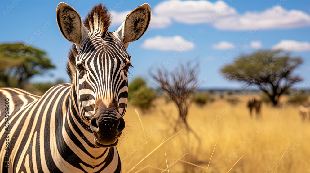 Naklejka premium A surprised zebra with pronounced black eyes