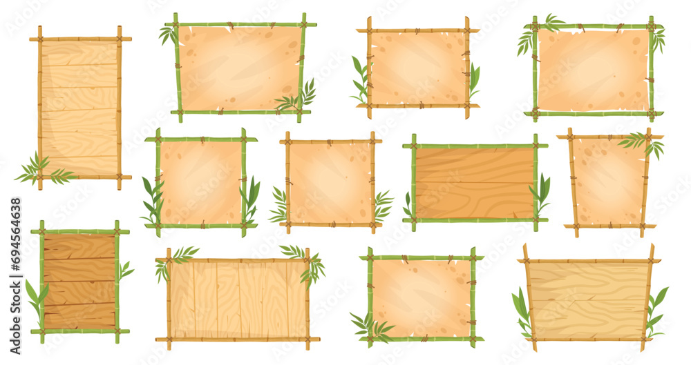 Bamboo frames. Jungle borders with bamboo sticks, leaves and parchment paper, wooden planks exotic signs ui game design, flat vector illustration set. Asian bamboo signboard collection