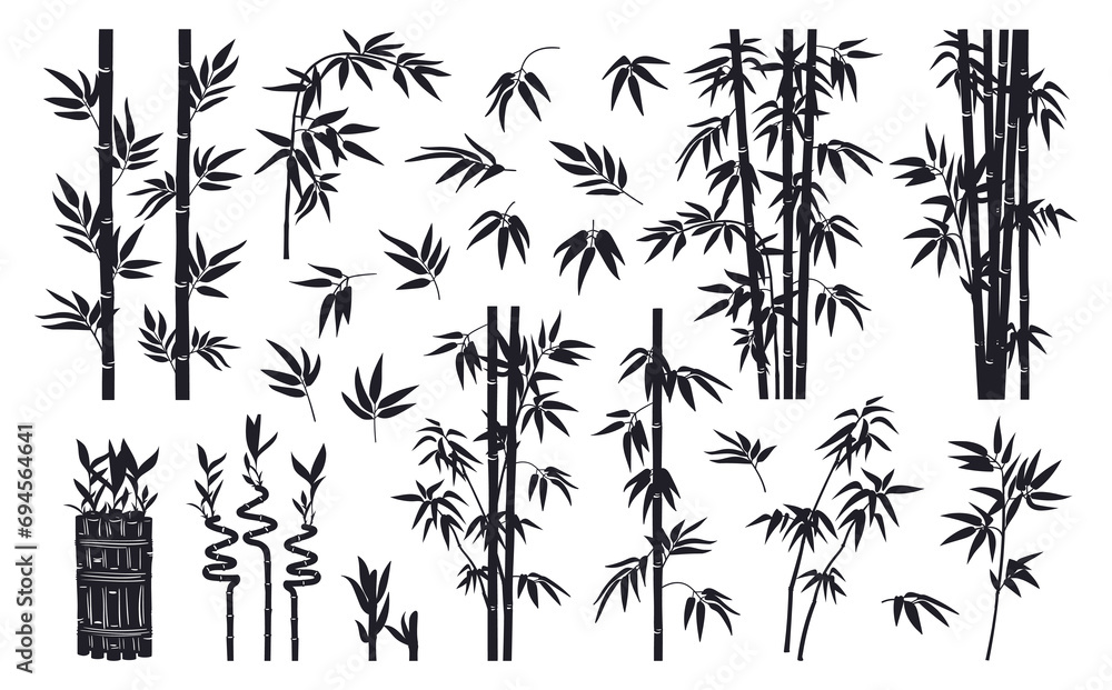 Obraz premium Bamboo silhouettes. Jungle forest plants leaves and branches, black ink decorative bamboo flat vector illustration set. Bamboo branches silhouette collection