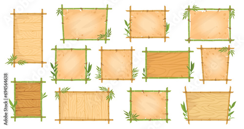 Bamboo frames. Jungle borders with bamboo sticks, leaves and parchment paper, wooden planks exotic signs ui game design, flat vector illustration set. Asian bamboo signboard collection photo