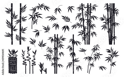 Bamboo silhouettes. Jungle forest plants leaves and branches, black ink decorative bamboo flat vector illustration set. Bamboo branches silhouette collection photo
