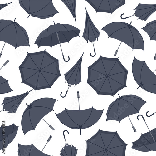 Umbrella seamless pattern. Black open, close and folded umbrellas, rainy seasonal parasols flat vector background illustration. Modern umbrella endless design