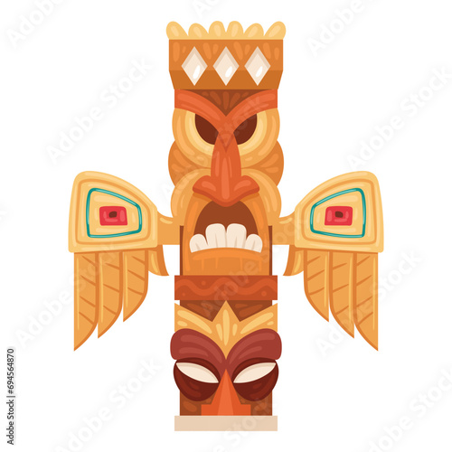 Wooden pole totem idol. Cartoon tiki totem, ritual idol statue, ethnic hawaiian or african culture totem flat vector illustration. Aboriginal indigenous idol winged sculpture