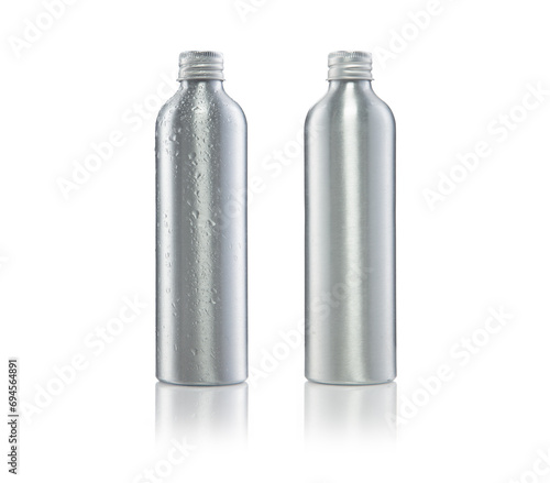 Bottle aluminum isolated on white background , water oil , clipping path, bottle with drops and bottle without drops
