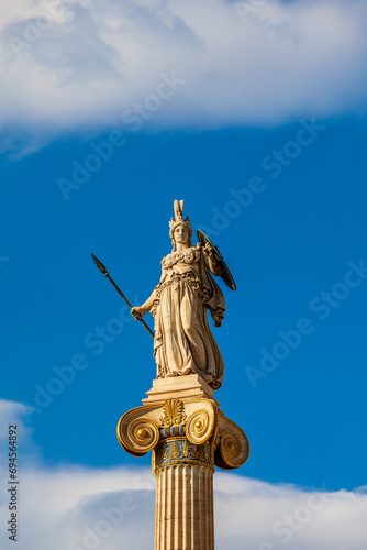 Sunset view of Athena statue in front of Academy of Athens, Attica, Greece