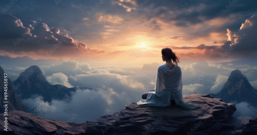 Serene mountain repose: girl finding tranquility in nature's embrace, panoramic relaxation amid breathtaking landscapes.