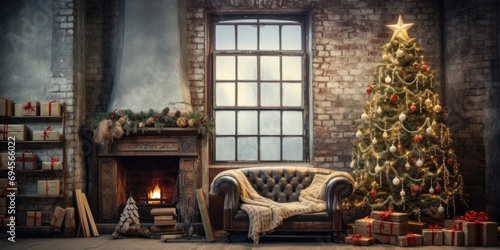 Rustic loft with Christmas tree and presents beneath. © Lasvu