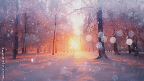 Pemandangan musim dingin dengan hujan salju ditengah hutan ketika matahari terbit photo