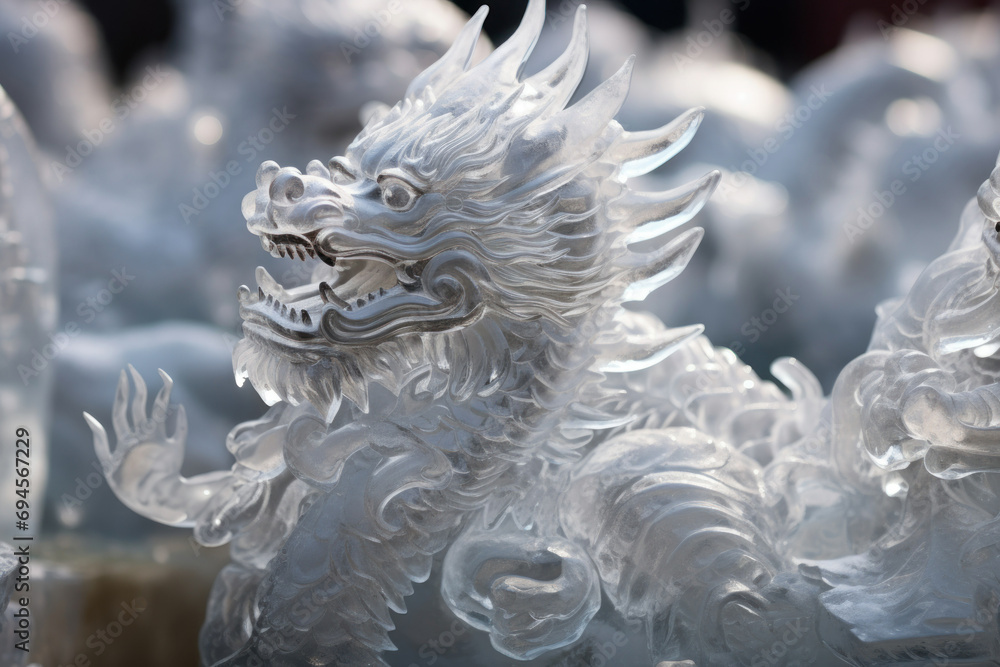 An intricately carved ice dragon roars amidst a frozen landscape, with elaborate scales and fierce expression, a testament to the artists' skill at the chinese Festival An intricately carved ice dragon roars amidst a frozen landscape, with elaborate scales and fierce expression, a testament to the artists' skill at the chinese Festival