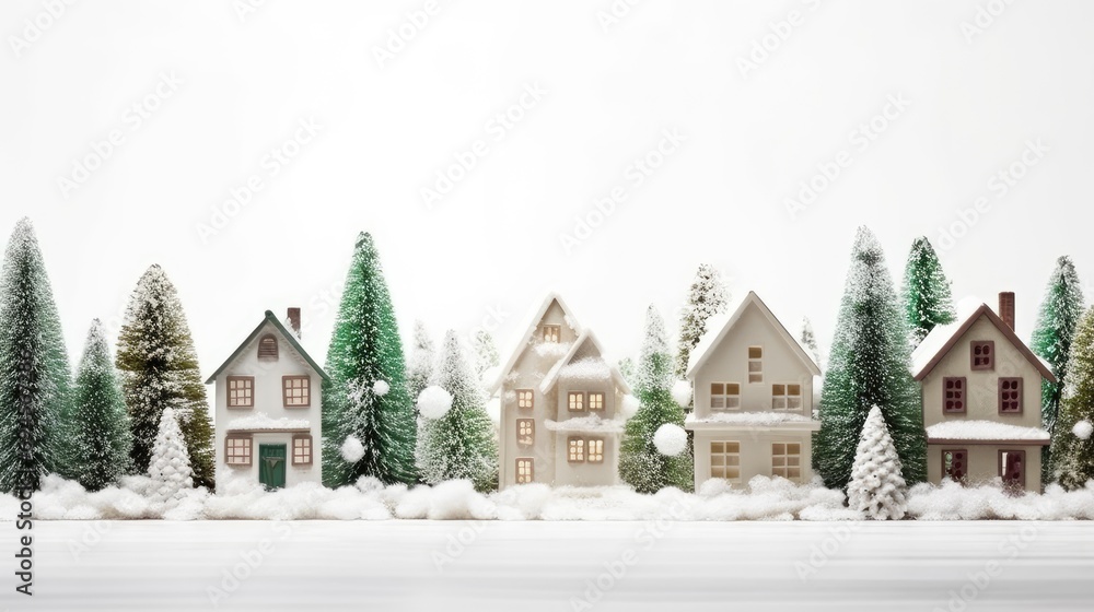 decorative houses and vibrant green fir Christmas branches on a white wooden background. Craft a composition or scene in a modern minimalist style, capturing the simplicity and holiday spirit. decorative houses and vibrant green fir Christmas branches on a white wooden background. Craft a composition or scene in a modern minimalist style, capturing the simplicity and holiday spirit.