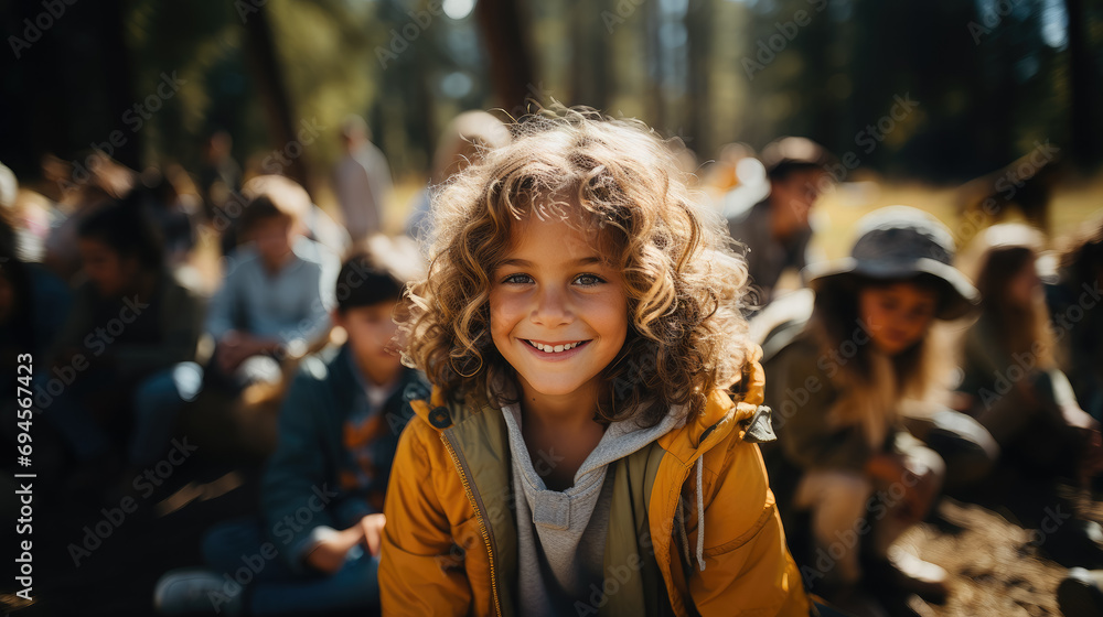 happy child in children's summer camp, boy, girl, tent, forest, scout, tourism, travel, hike, kid, schoolboy, student, vacation, trip, joyful face, emotional portrait, trees, smile, fun, sunny, wood - obrazy, fototapety, plakaty 