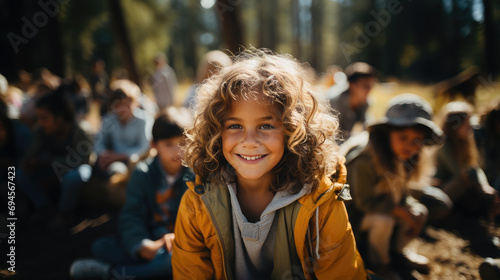 happy child in children's summer camp, boy, girl, tent, forest, scout, tourism, travel, hike, kid, schoolboy, student, vacation, trip, joyful face, emotional portrait, trees, smile, fun, sunny, wood photo