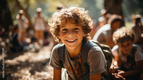 happy child in children's summer camp, boy, girl, tent, forest, scout, tourism, travel, hike, kid, schoolboy, student, vacation, trip, joyful face, emotional portrait, trees, smile, fun, sunny, wood photo