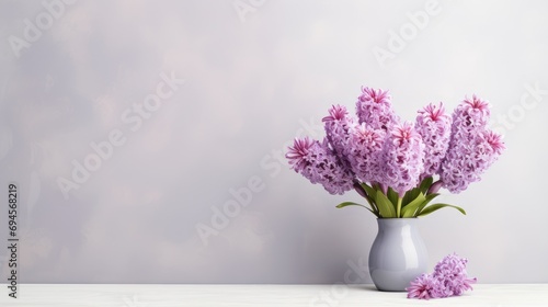 blooming hyacinths against a gray background  free space for text  creating a composition or scene in a minimalist modern style.