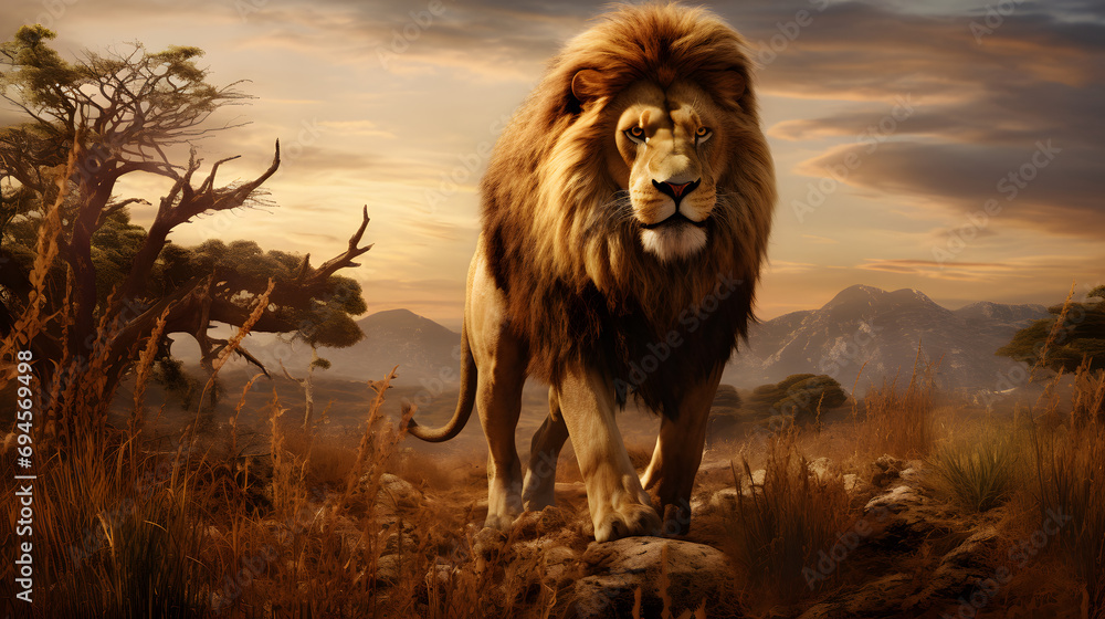 lion on the hunt, wild lion, lion in svannah,lion