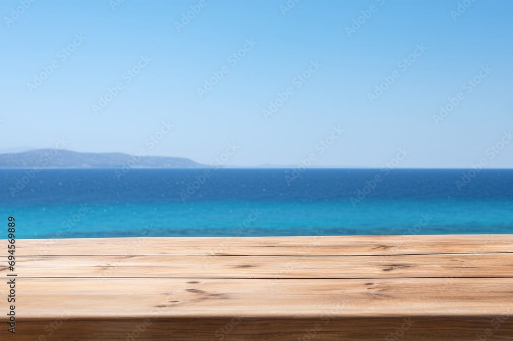 Wooden table on the backdrop of a blue sea, white sand beach, clear blue sky.