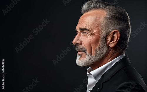 Senior handsome elegant businessman standing over isolated black background looking to side.