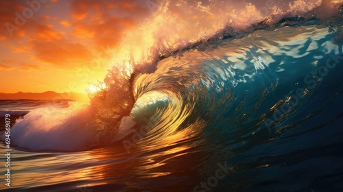Big wave at sunset. Great sea wave. Light bronze and dark blue.