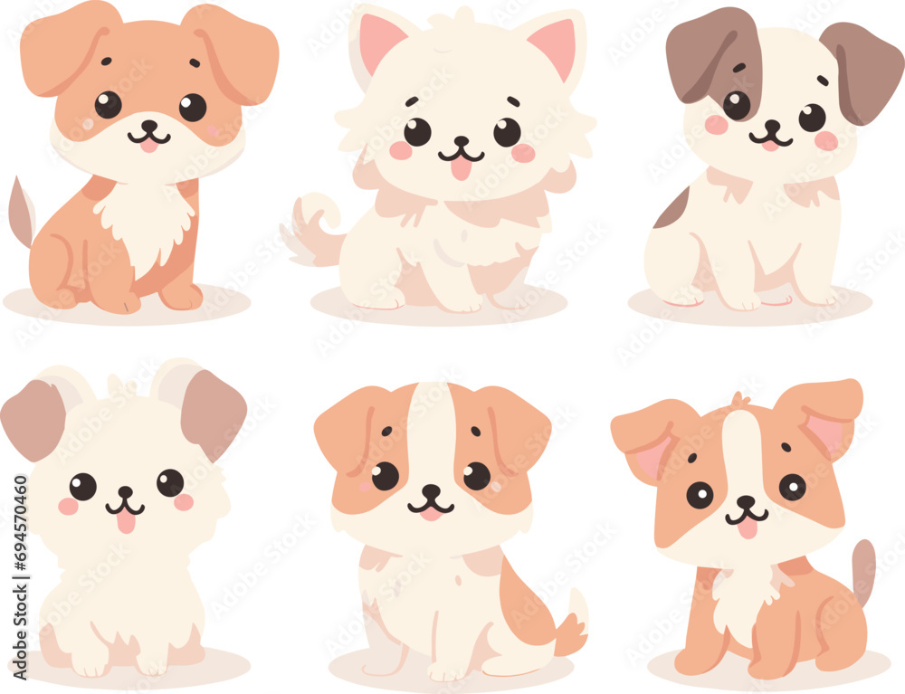 Set of six cute cartoon dogs with various fur colors sitting and smiling. Adorable puppies with happy expressions vector illustration.