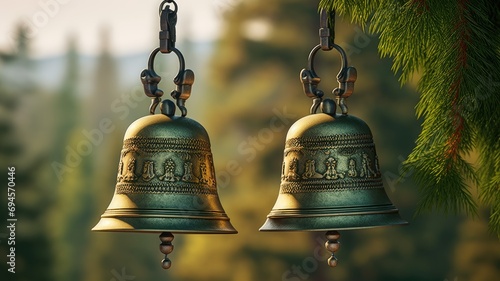 metal Orthodox church bells, a bottom view of the church bells against a background of green pine branches, emphasize the beauty and simplicity of the religious elements.