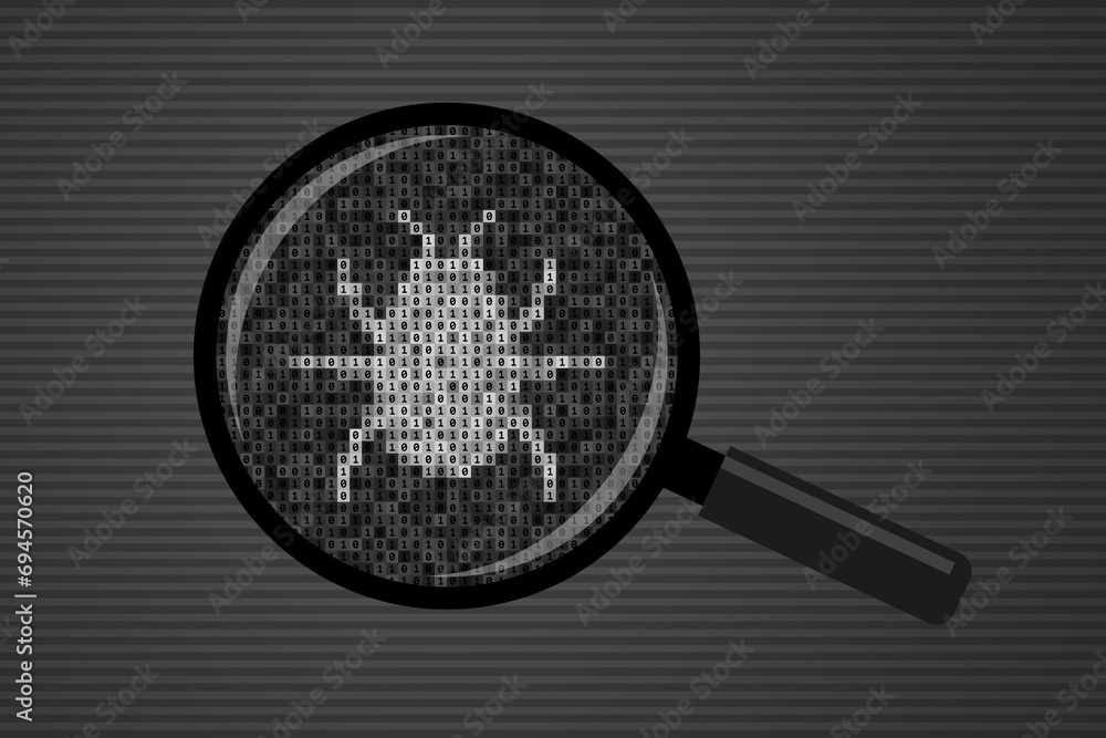 Bug silhouette made from binary code, and magnifying glass Bug silhouette made from binary code, and magnifying glass