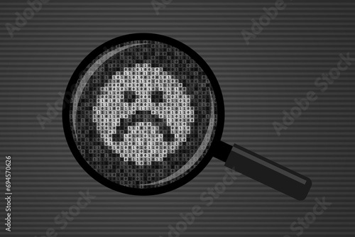 Unhappy sad face made from binary code, and magnifying glass