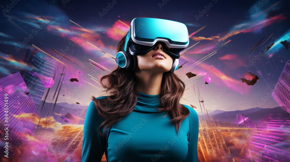 A young woman in the metaverse, wearing a VR headset background in an imaginary future city. Generative AI A young woman in the metaverse, wearing a VR headset background in an imaginary future city. Generative AI