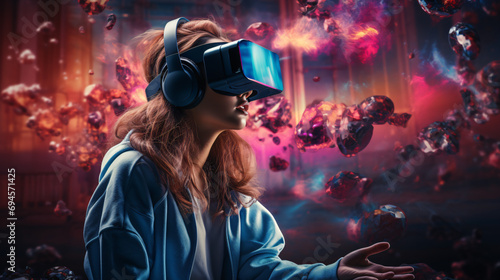 A young woman in the metaverse, wearing a VR headset background in an imaginary future city. Generative AI