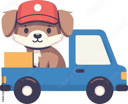 Cute cartoon dog driving a blue delivery truck. Adorable puppy in a red cap delivering packages. Friendly pet transportation service vector illustration.