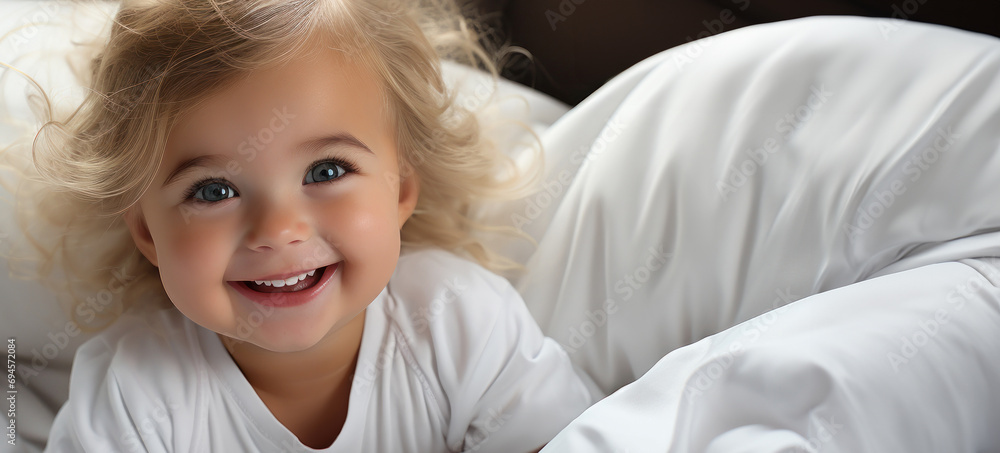 An image of a 2 year-old Caucasian blond beautiful girl lying on a white sheet. With copy space An image of a 2 year-old Caucasian blond beautiful girl lying on a white sheet. With copy space