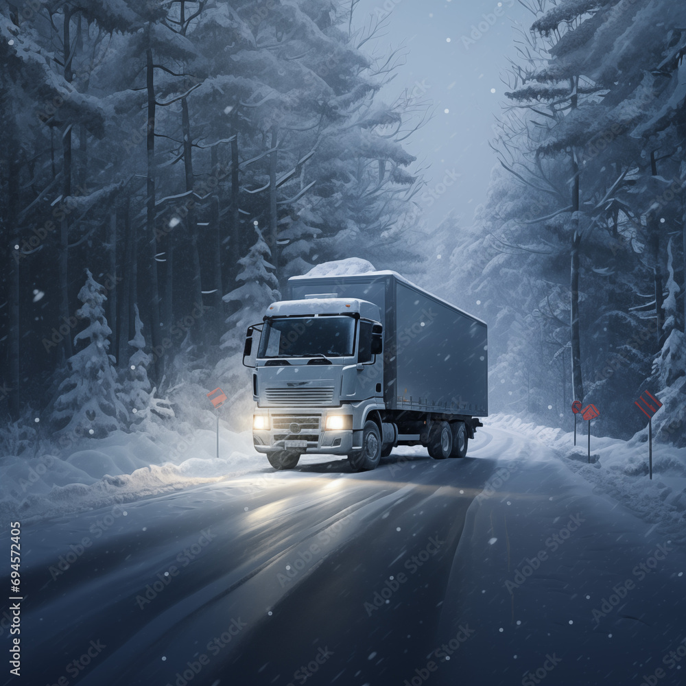 Truck on winter road with snow and fog. Truck on winter road with snow and fog.