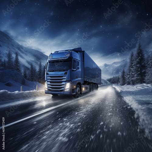 Truck on winter road with snow and fog.