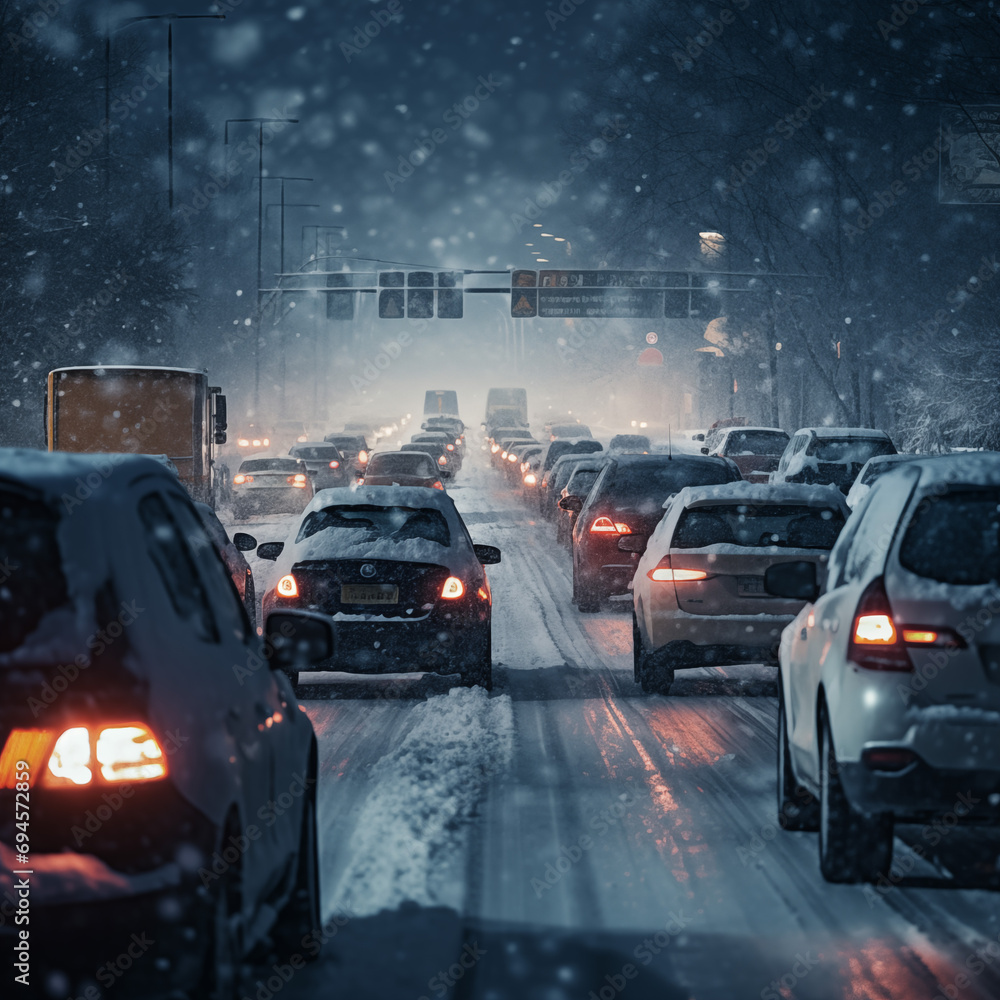 Fototapeta premium Traffic on a winter road with heavy snowfall in the city.