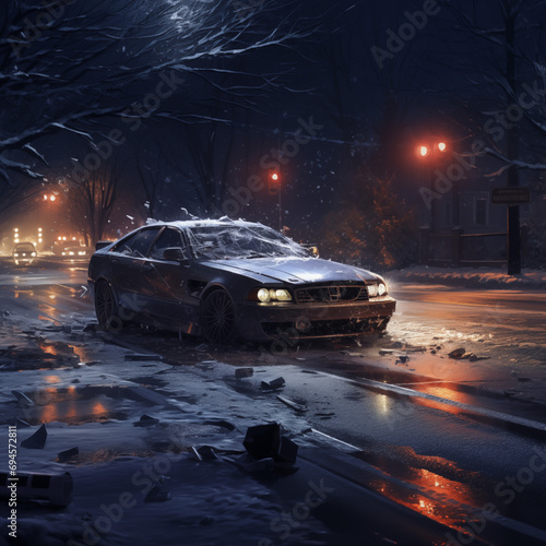 Car accident on the road at night in winter. Car accident on the road photo