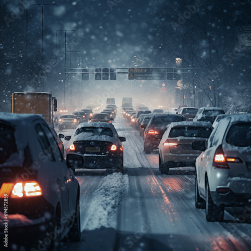 Traffic on a winter road with heavy snowfall in the city.