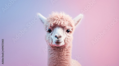 fluffy alpaca with a soft pink and blue background. © Enigma